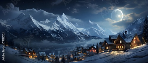 Panoramic view of the snowy village in the mountains at night