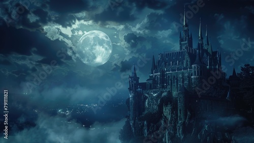 Moonlit night over medieval castle on cliff with mist