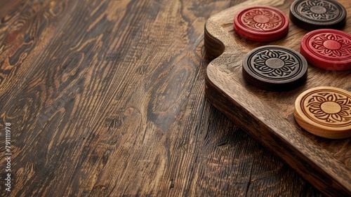 Carrom board coins set on wooden surface