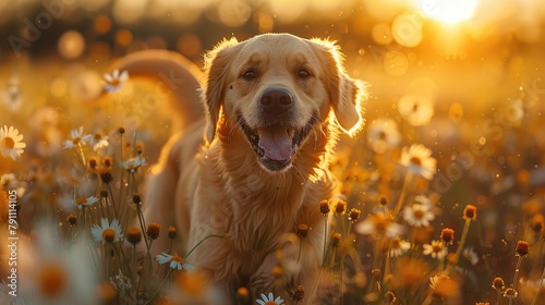 Playful Labrador retriever running joyfully through a sunlit field of wildflowers
