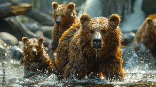 A family of bears fishing for salmon in a rushing river