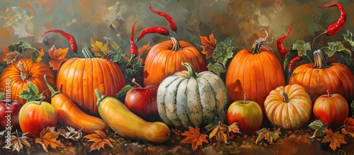 Autumn (fall) scene with a variety of pumpkins, apples, and spicy peri peri peppers.