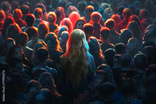 illuminated beautiful blonde rises above a crowd of diverse dark people