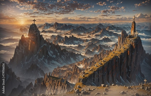 Three crosses on the top of the mountain at sunrise art old vintage. Very realistic, 8k quality, hyper realistic, ultra realism