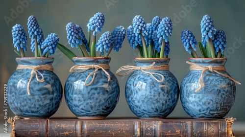  Four blue vases arranged together on a bookshelf above a table