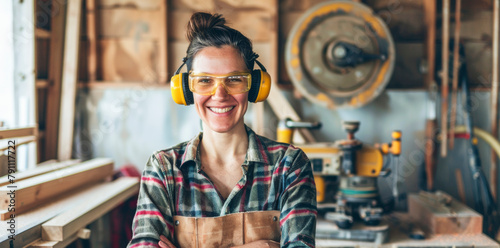Smiling Woman in Woodworking Shop with Safety Gear and Tools