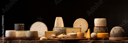 A sets of the many luxury cheese wheels on the wooden table.
