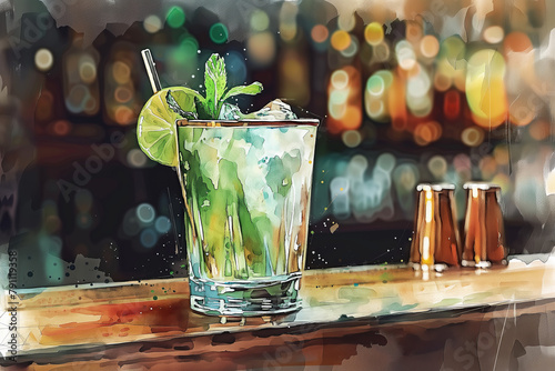 Alcoholic cocktail Moscow mullah with lime and mint on the bar counter in the bar in watercolor style