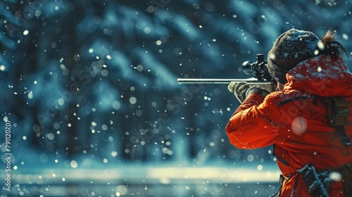 Biathlete shooting in snow, target in view, wintry forest background