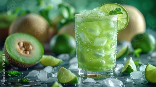 Honeydew melon margarita, pale green, frosty glass, summer refreshment