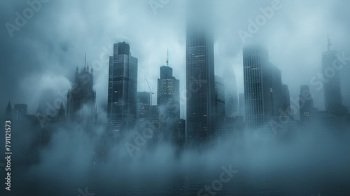 Skyscrapers in mist, tops disappearing into the fog â€“ Misty morning