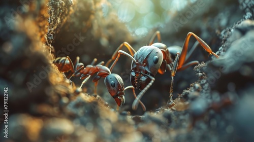 Detailed macro photograph of ants feeding on a deceased ant in their natural forest habitat