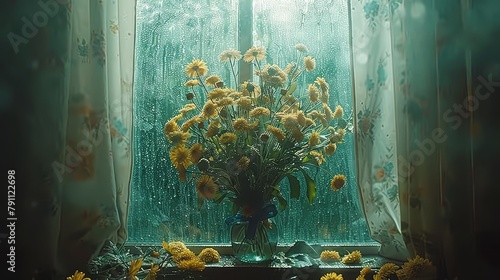  A vase, filled with yellow blooms, sits atop a windowsill Nearby, a window is dotted with raindrops