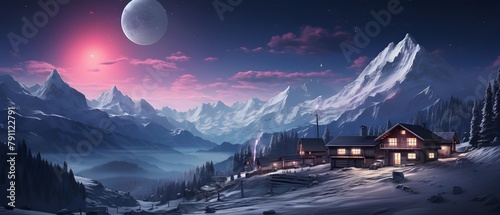 Fantastic winter panorama of snowy mountains and village at night