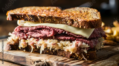 Rye bread sandwich with roast beef, onion and pickled cabbage