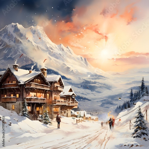 Beautiful winter landscape with snow covered mountain village. Digital painting.