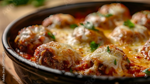 Baked meatballs in marinara sauce, topped with melted mozzarella cheese