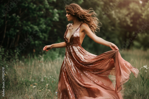 Beautiful woman wears a flowing maxi dress with rose golden sequins. Generative AI