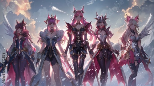 A group of anime characters standing in the snow, AI