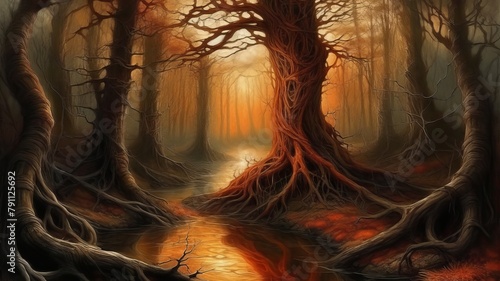 Mysterious forest apocalyptic landscape at sunset with twisted trees and a lava flow