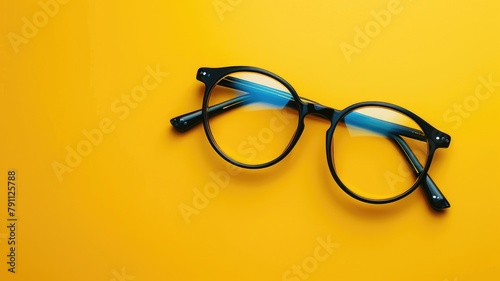 Pair of eyeglasses with black frames on yellow background