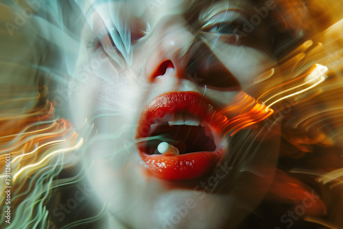 Drug addict woman putting opiate painkiller pill in mouth, having high drugs intoxication euphoria and dizziness. Double exposure concept.
