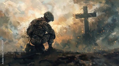 Christian soldier praying with cross in the background. Christian concept. Digital painting