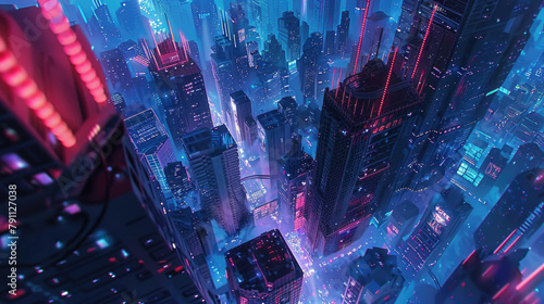A futuristic city skyline filled with towering skyscrapers illuminated by vibrant neon lights creating a dazzling display of modern architecture