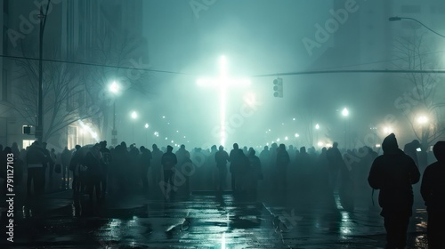 Crowd of people looking at a bright cross in the middle of the street on a foggy day
