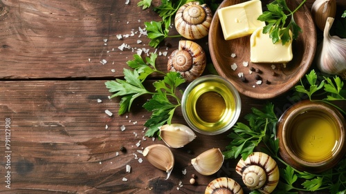 Snails, garlic, and herbs on wooden surface, suggesting ingredients for dish