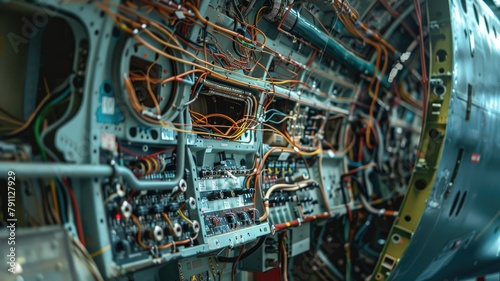 Intricate aircraft wiring and electronic components inside airplane fuselage