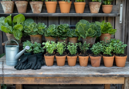 Gartengeräte und Setzlinge auf einem alten Holztisch, Erde und Pflanzen, Gemüsegarten, Konzept Gartenarbeit im Frühling