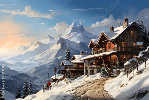 Winter alpine panoramic view of Swiss alps with wooden houses