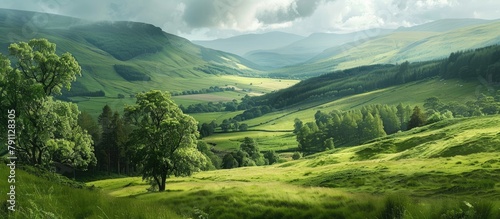 Scotland features green meadows, trees, and hills.