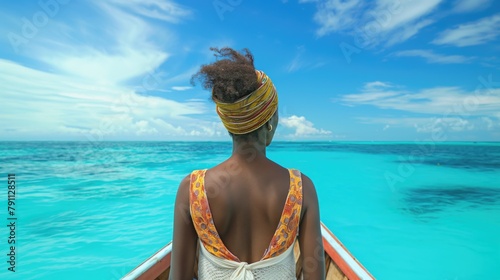 Rear view of an African woman enjoying of summer vacation while riding on the boat on a blue tropical sea