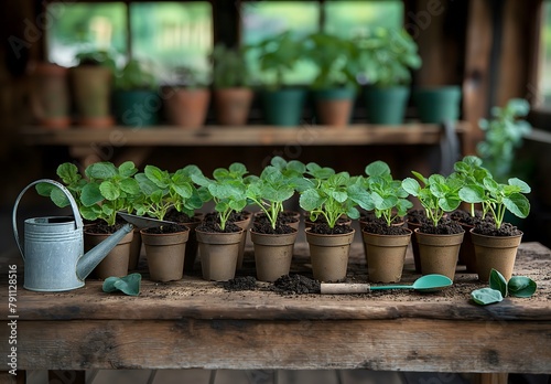 Gartengeräte und Setzlinge auf einem alten Holztisch, Erde und Pflanzen, Gemüsegarten, Konzept Gartenarbeit im Frühling