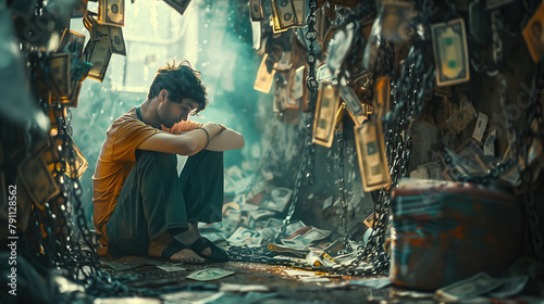 The disarrayed solitude. A man sits among heaps of clutter in a room, symbolizing the weight of financial crisis and debt slavery in modern society