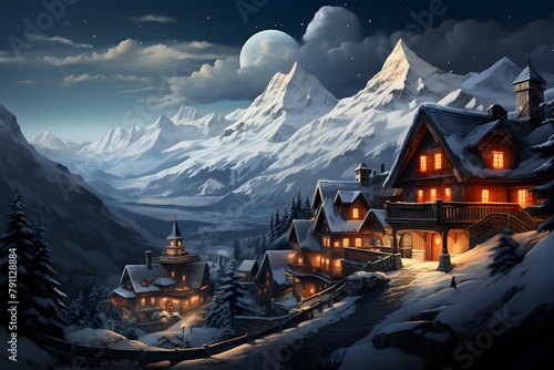 Snowy mountain village at night, panoramic view, 3d illustration