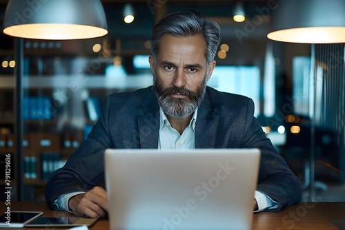 Professioneller Geschäftsmann mittleren Alters, CEO, Investor, Vielbeschäftigter älterer, reifer Geschäftsmann, Unternehmer im Anzug sitzt am Schreibtisch und benutzt Laptop