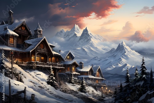 Winter alpine landscape with wooden houses in the mountains at sunset.
