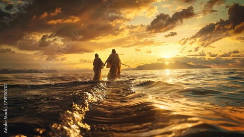 A surreal scene of Jesus walking on the water with Peter AI generated illustration