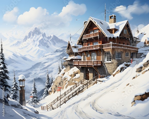 Swiss alps in winter with snow covered houses and ski lifts