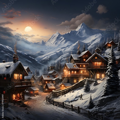 Winter alpine village in mountains at night. 3D rendering.