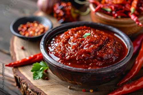 This mouthwatering image captures a bowl of spicy homemade chili sauce, seasoned with whole peppercorns and red chili peppers