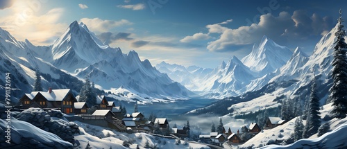 Panoramic view of alpine village in winter with snow covered mountains