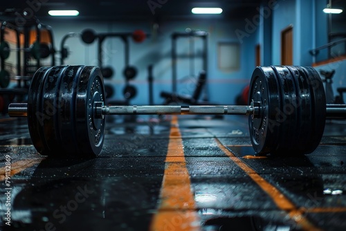 The barbell set on the gym floor preparing for a lifting session, symbolizing discipline and strength