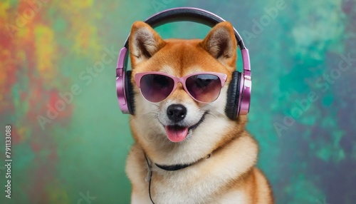 Shiba Inu dog (doge) wearing sunglasses and headphones on colorful background for summer mus.