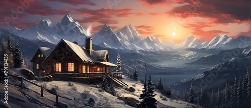 Panoramic view of mountain village at sunset. Winter landscape.