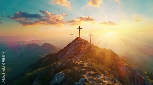 Three crosses on top of the mountain in the sunlight. Christian symbols