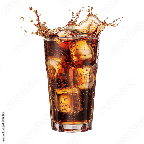 Splash of coke. Cola soda with ice in glass with splash isolated on transparent background, png style. Mockup template for artwork design.